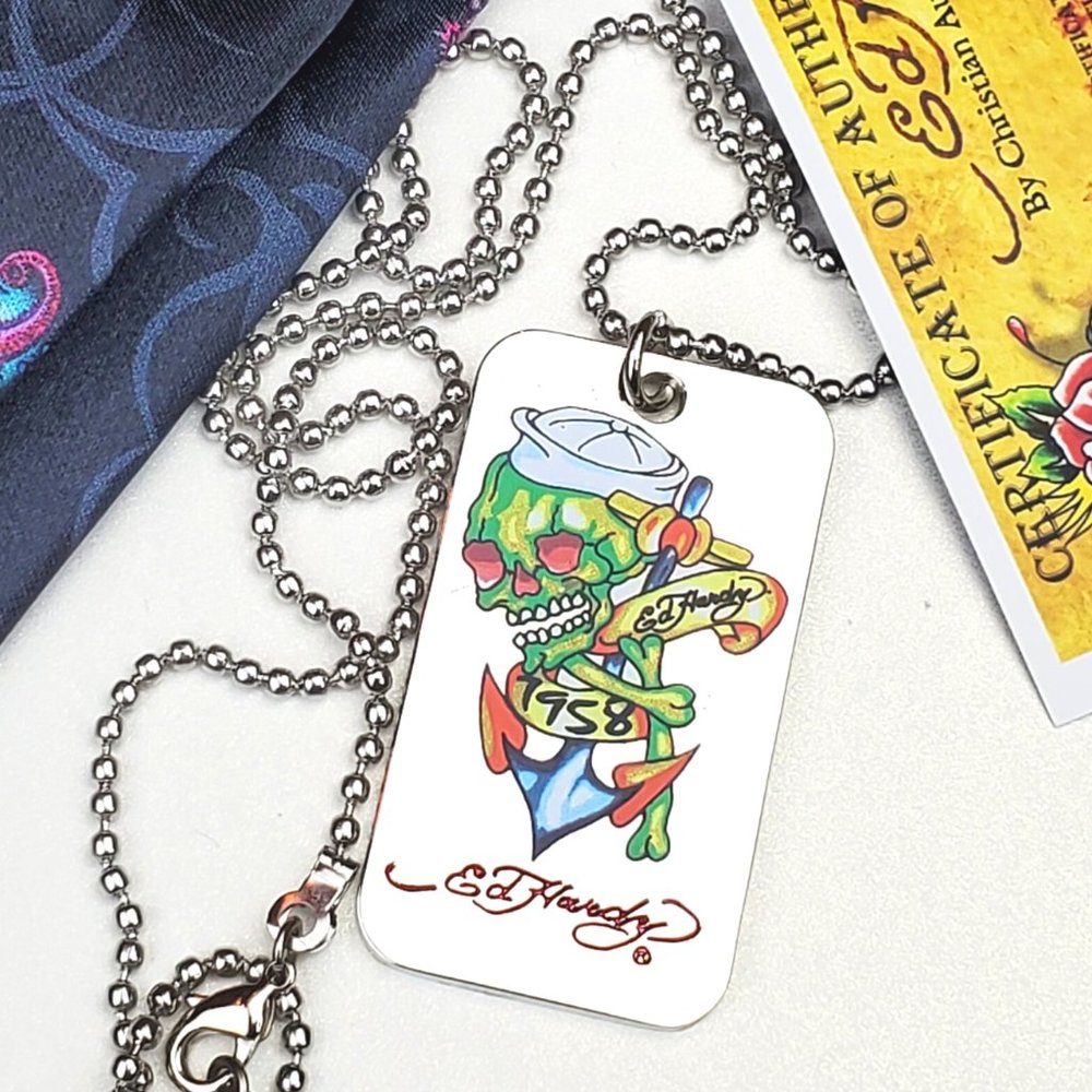 ED HARDY VINTAGE Style Necklace /Skull Color Print Dog Tag/ Hard Rock